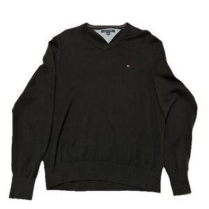 Tommy Hilfiger Sweater Pullover Mens Sz M Black V Neck Cotton Preppy Knit